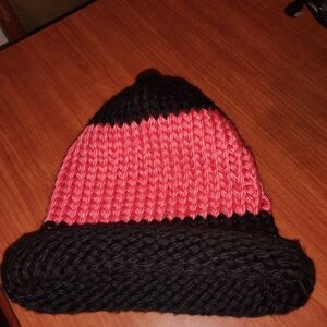 Hand-Knit Pink and Black Beanie